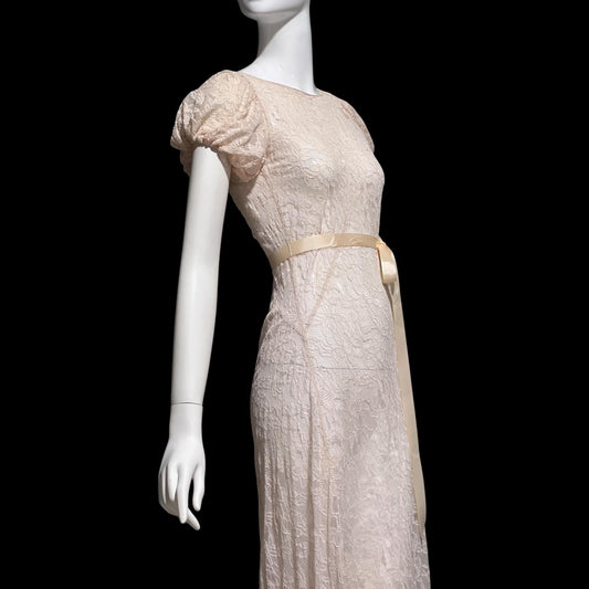 FRANKLIN SIMON vintage 1930s evening dress, totally sheer blush lace, bias cut see through feather weight sheath gown