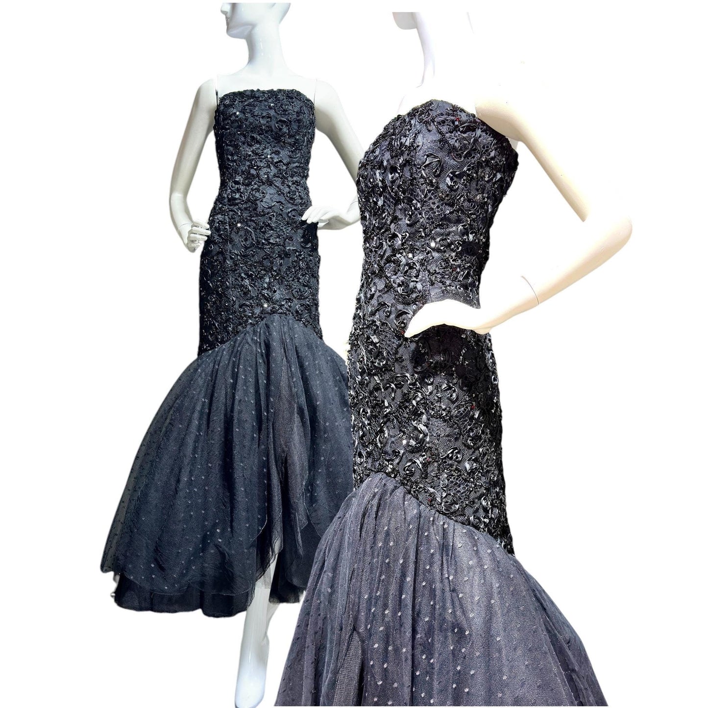 DAVID FIELDEN, vintage evening dress gown, 1980s Neiman Marcus, Black Mermaid sequin gown, Strapless