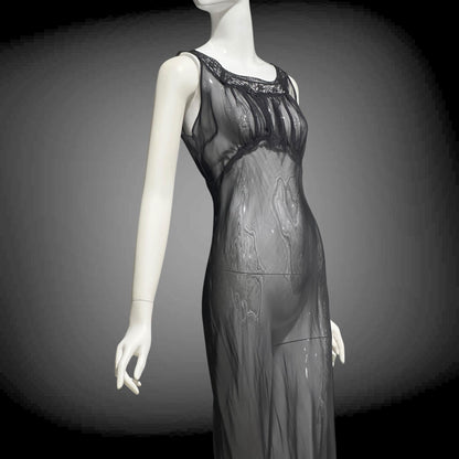 1930s vintage Nightgown slip dress, sheer sultry black night dress, bias cut with lace