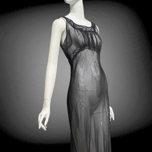 1930s vintage Nightgown slip dress, sheer sultry black night dress, bias cut with lace