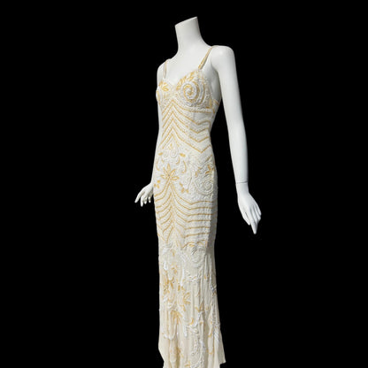 EVA HAYNAL FORSYTH, Vintage 1990s evening wedding dress, off white beaded sequins mermaid sheath slip dress gown