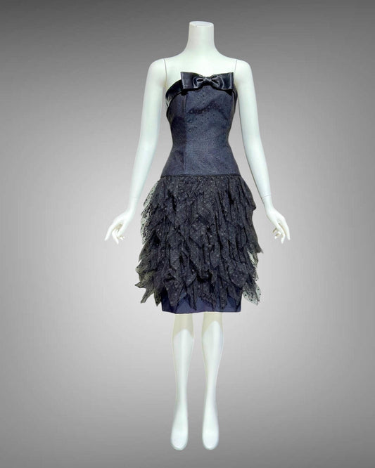 AJ BARI Vintage 1980s cocktail party dress, Saks Fifth Avenue Black strapless dropped waist tulle ruffles evening dress