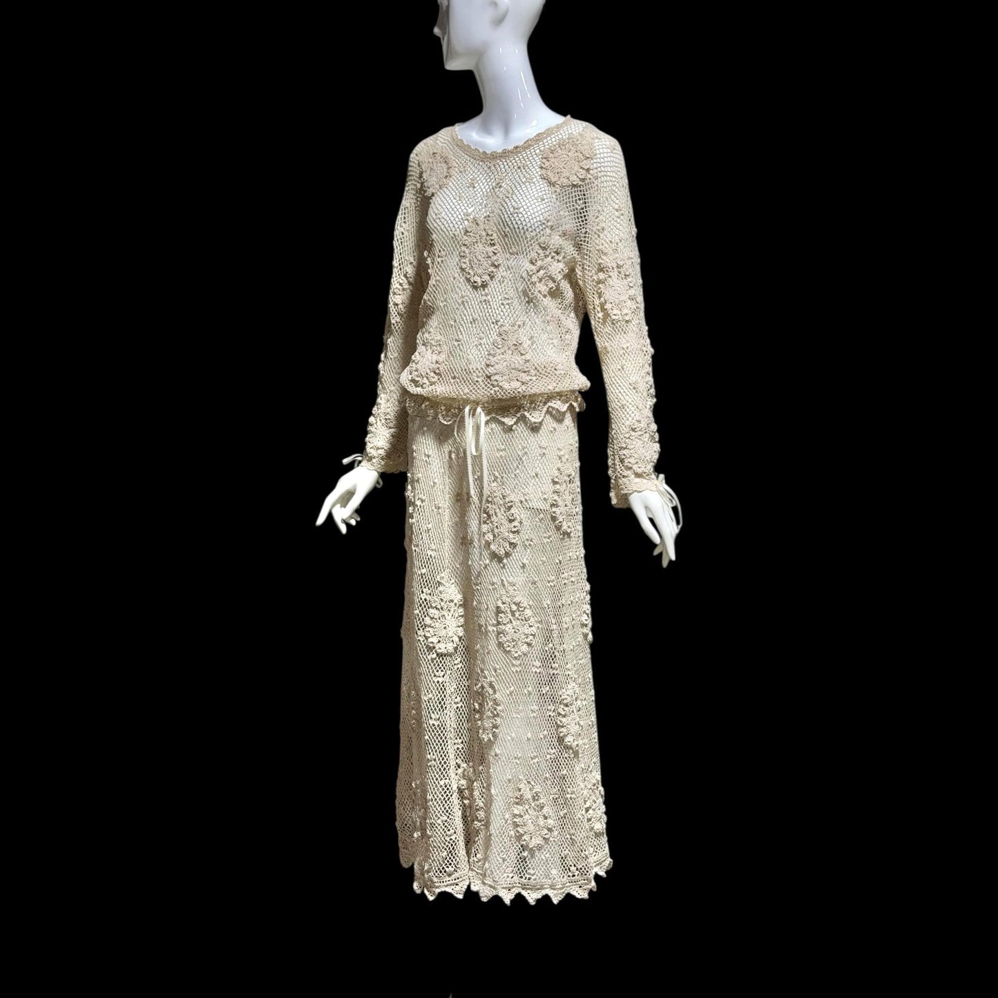 1970s vintage crochet dress, 2 pieces, Cotton blouson top & maxi skirt