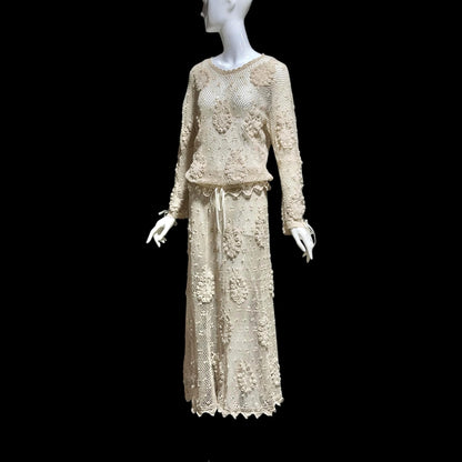 1970s vintage crochet dress, 2 pieces, Cotton blouson top & maxi skirt