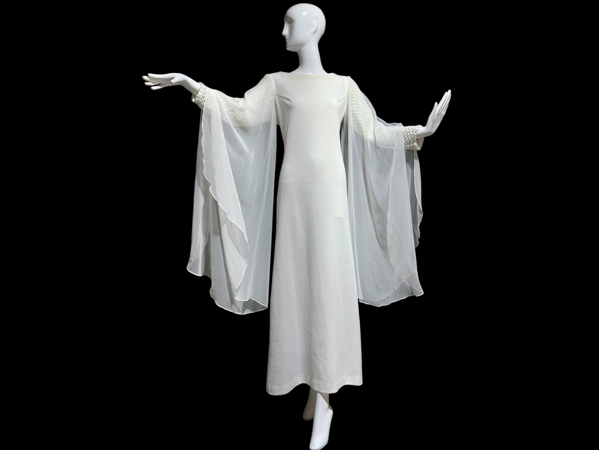 MELINDA vintage evening gown, white jersey knit poly chiffon angel sleeve dress, Medium 38 bust