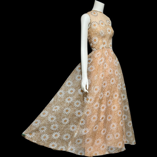 LILLI DIAMOND vintage 1960s evening dress gown, Daisy floral voile maxi dress, illusion neckline