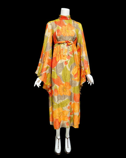 BOB BUGNAND Sam Friedlander,  Martha Weathered, vintage 1960s evening dress, Orange floral angel sleeves
