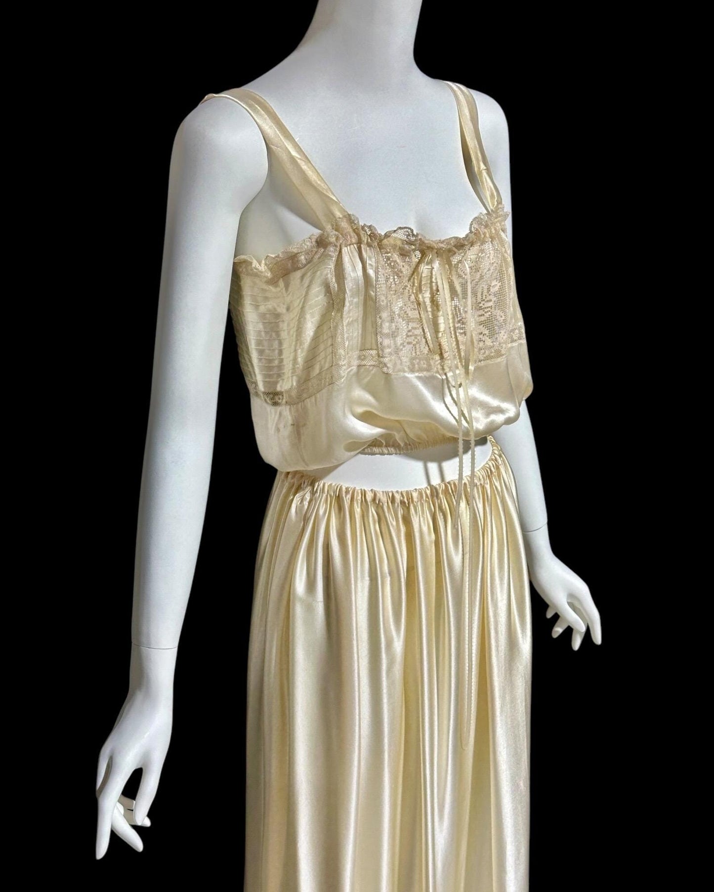 Antique Edwardian 1900s silk camisole and skirt set, pin tucks and lace, 2pc lingerie set