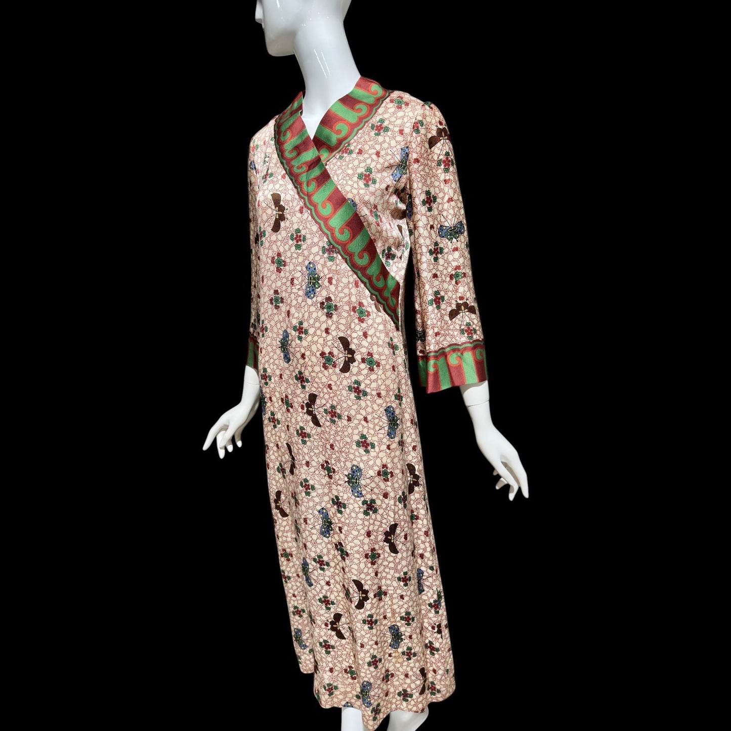 GALITZINE vintage 1960s butterfly print caftan dress, and SAKOWITZ, shift cut gown
