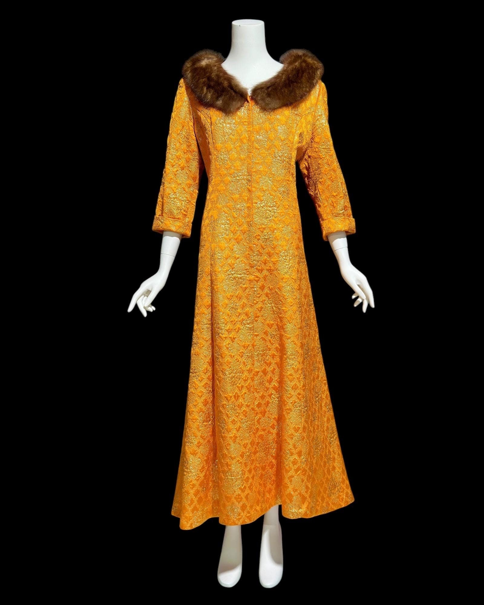 MALOUF PERFECT NEGLIGEE, vintage 1950s orange gold metallic brocade shift dressing gown robe, front zip mink fur trim