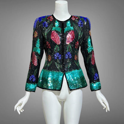 1980s vintage Evening jacket, vibrant jewel tone beaded and sequins princess cut elegant cocktail party jacket blouse top