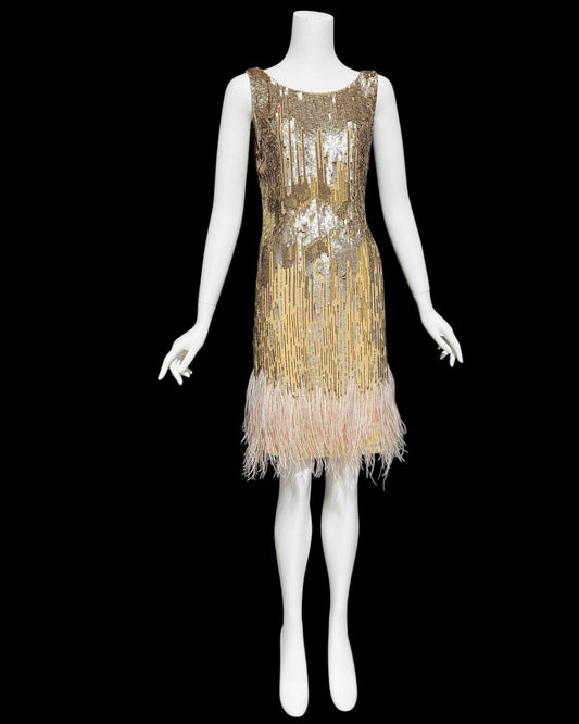 Y2K Gold sequins & pink feathers flapper style party cocktail dress, Slip Tank Dress