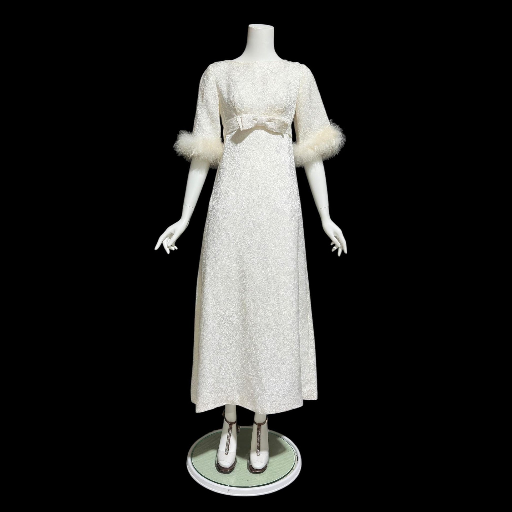 1960s vintage wedding dress gown, shimmering pearly white damask & marabou feathers bridal evening dress