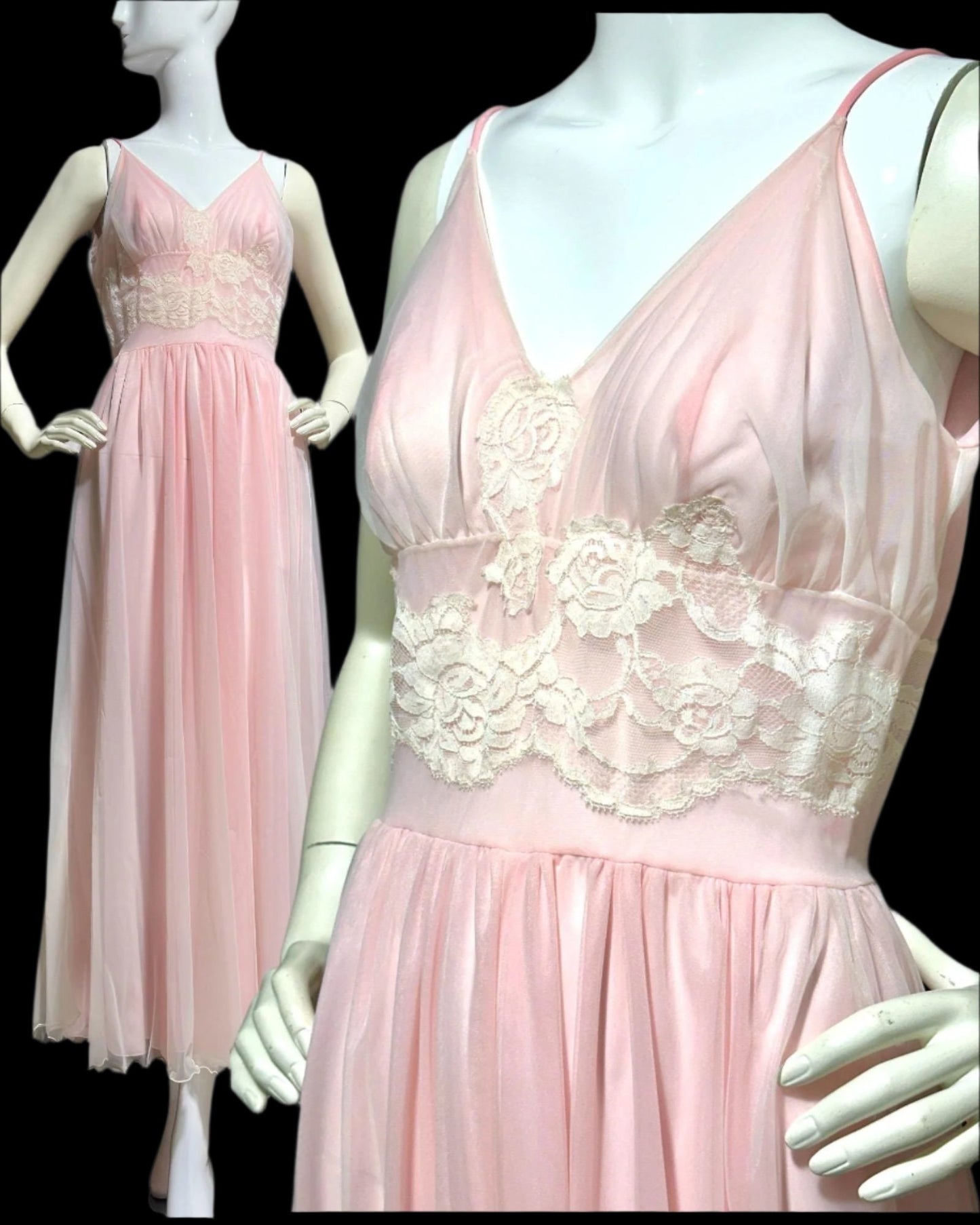 GLYDON'S Hollywood 1950s vintage nightgown, slip dress, sheer pale pink full length night dress