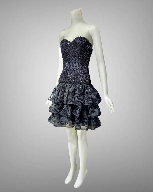 TRACY MILLS, Vintage 1980s Black strapless sequin evening cocktail dress, dropped waist tiered ruffles dress