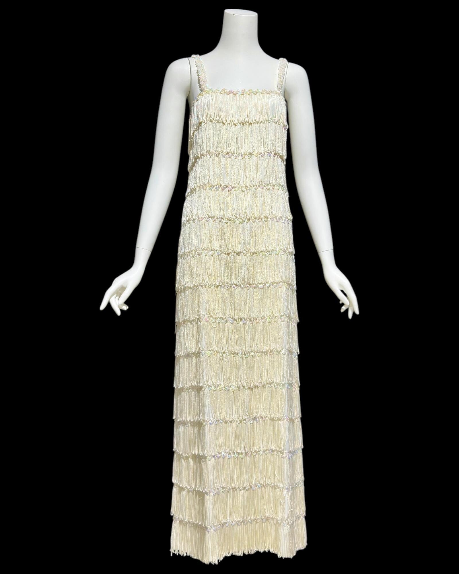 1960s vintage white fringed evening dress gown, column dress with sequins