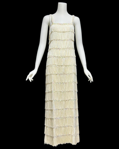 1960s vintage white fringed evening dress gown, column dress with sequins
