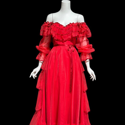 DANCE ALLURE, vintage 1980s evening dress, RED off-the-shoulder prom gown, ruffled tiered skirt
