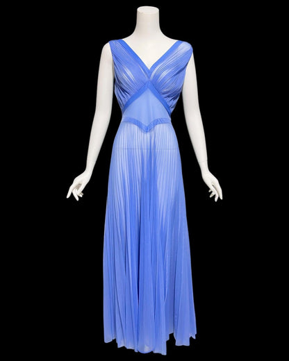 VANITY FAIR, for Julius Garfinckel, vintage 1940s chiffon nightgown, periwinkle sheer full sweep pleated gown