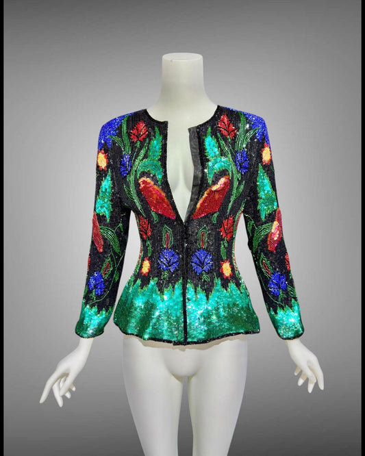 1980s vintage Evening jacket, vibrant jewel tone sequins princess cut elegant cocktail party jacket blouse top