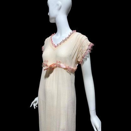 1920s vintage nightgown dress, Romantic Dusty pink cotton gauze muslin lingerie dress with needlework