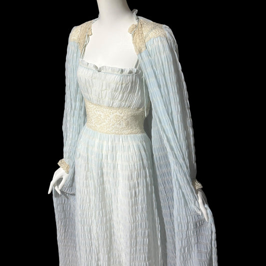 By IRIS, vintage 1930s Nightgown robe set, ethereal blue and white sheer waffled nylon slip dress and dressing gown, peignoir set