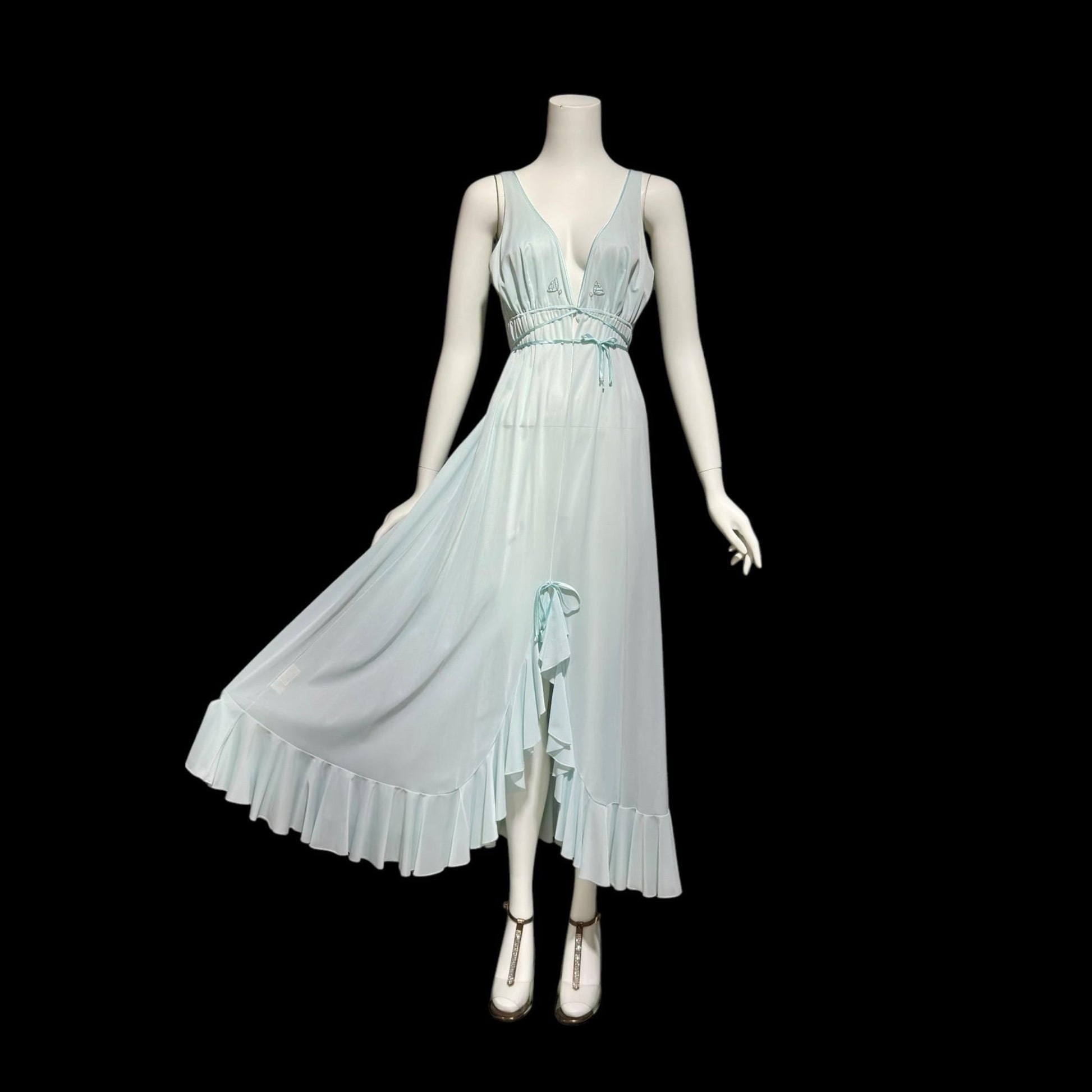 LUCIE ANN BEVERLY Hills, Claire Sandra vintage 1960s nightgown, powder blue jersey knit ruffled hem gown