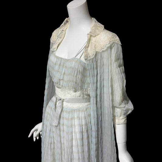 TULA, vintage 1940s nightgown robe set, powder blue striped sheer seersucker peignoir set