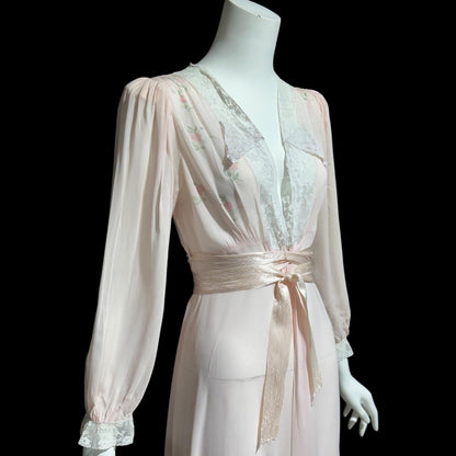 B. ALTMAN, vintage 1940s dressing gown, pink floral and lace sheer house coat robe