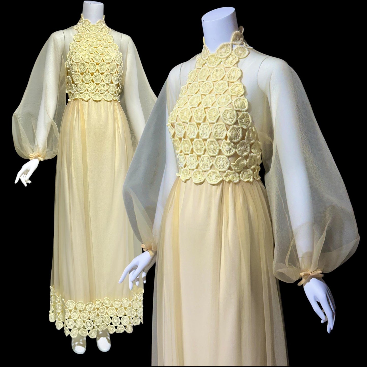 CYRELD PARIS, vintage 1970s chiffon evening dress, WERLE Beverly Hills, pale yellow sheer bishop sleeve dress