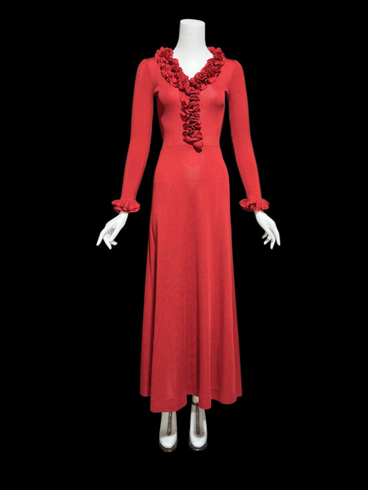 YOUNG DIMENSIONS for SAKS, vintage 1970s knit maxi dress, Red mod knit dress with Ruffles 