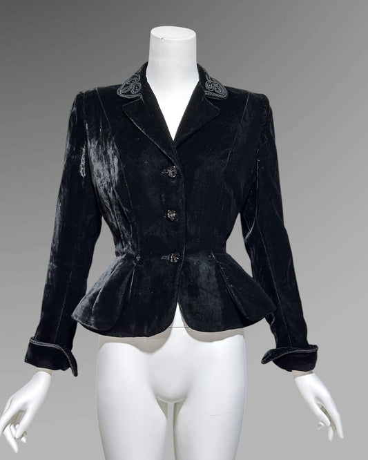 BONWIT TELLER, vintage 1940s black velvet jacket coat, fitted princess cut new look, nipped waist