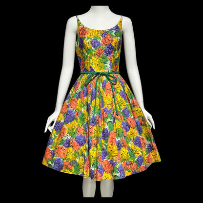 1950s vintage Dress, Floral Cotton Pinup Sundress, Pleated full skirt with sequins