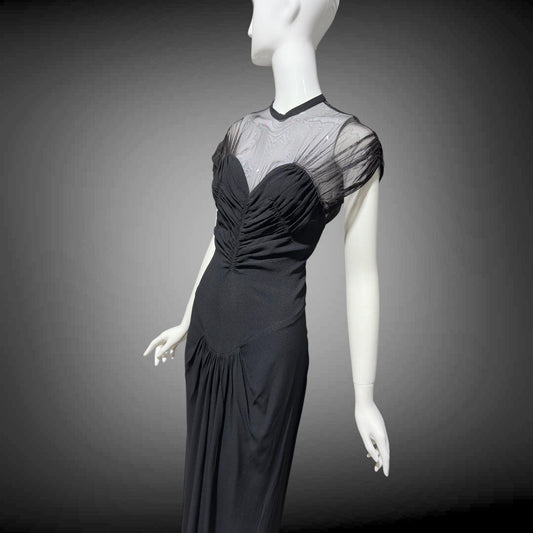 DOROTHY O'HARA vintage 1940s evening dress gown, Black crepe and mesh illusion neckline sheath gown