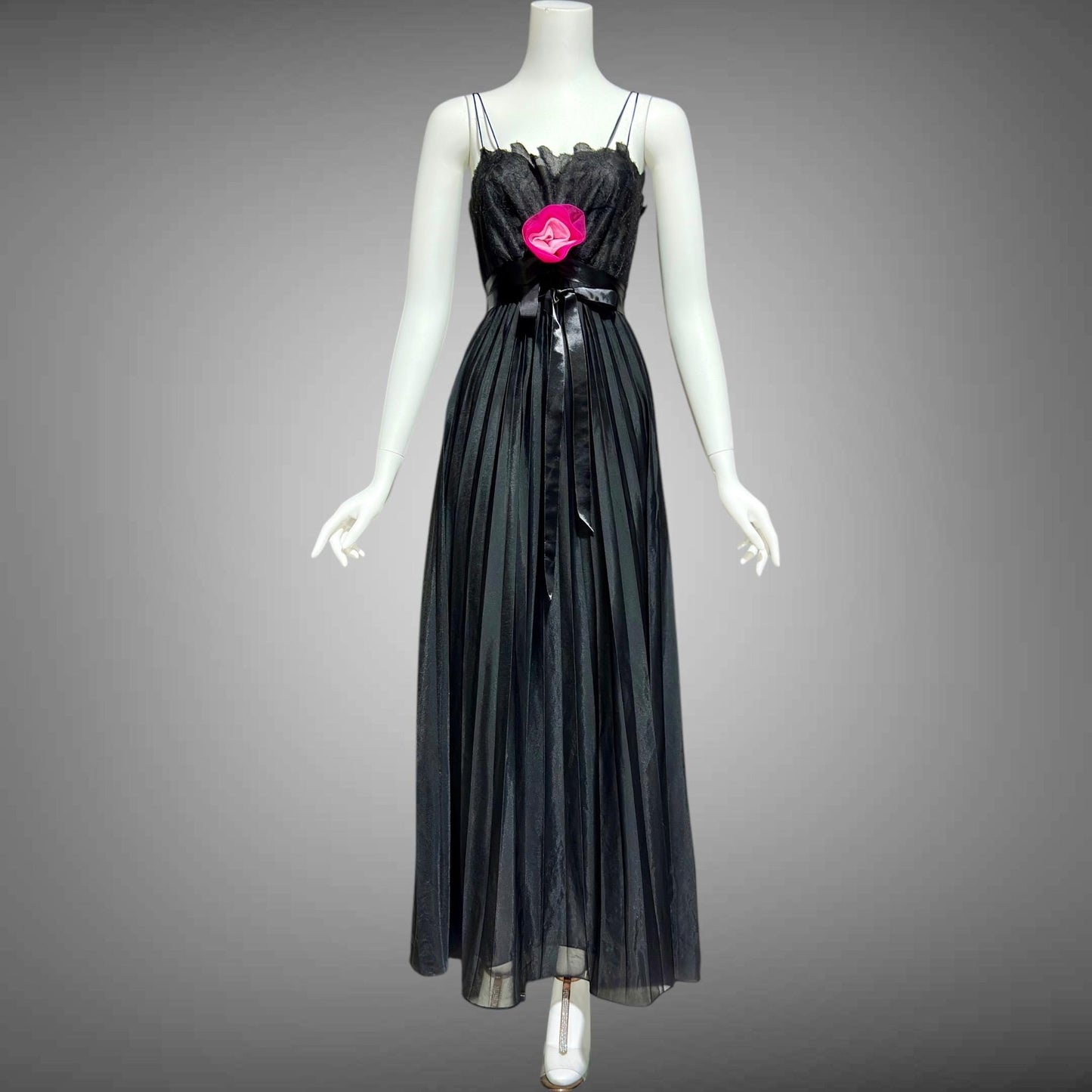 VANITY FAIR, vintage 1950s nightgown slip dress, Black sheer chiffon full pleated night dress, rosette Grecian goddess gown