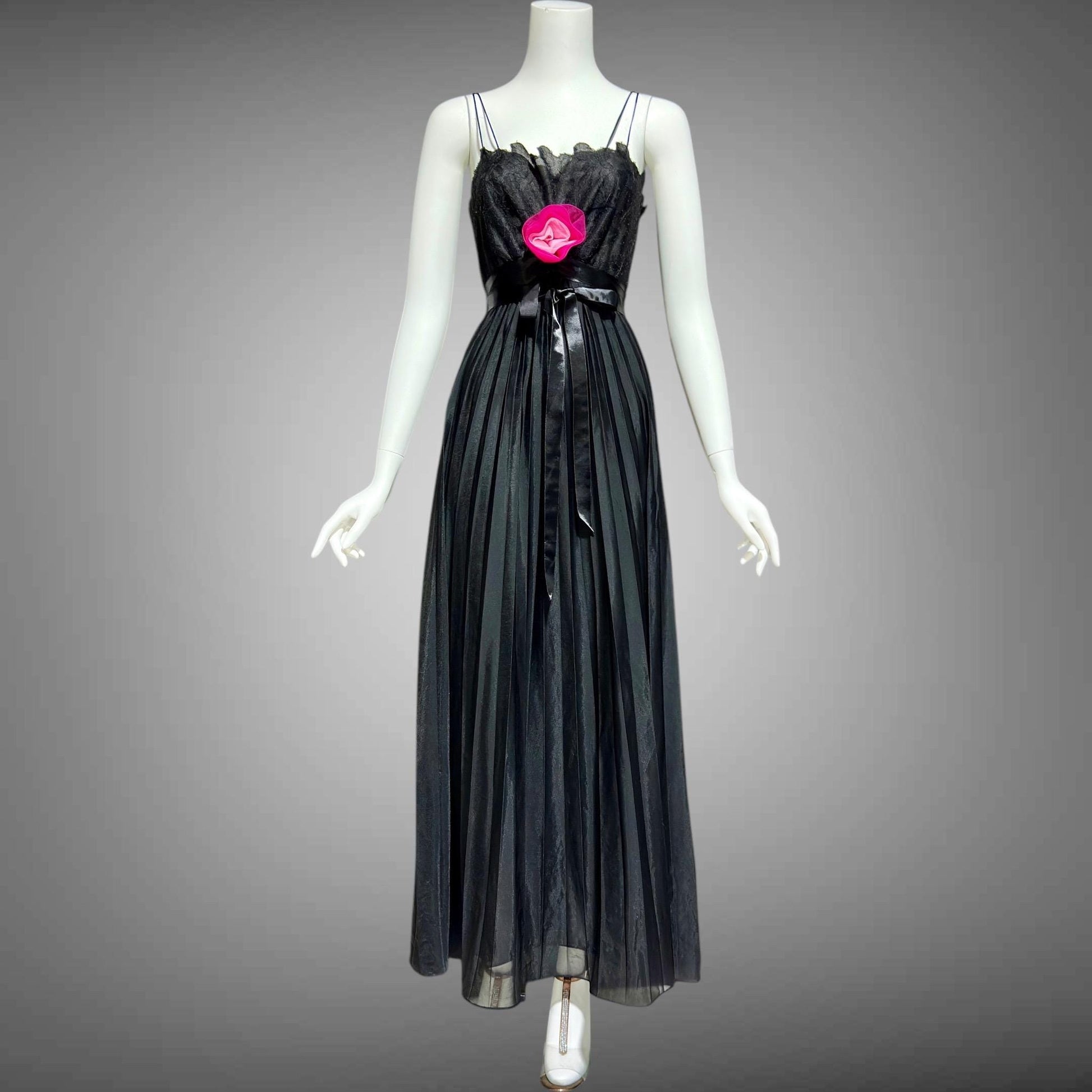 VANITY FAIR, vintage 1950s nightgown slip dress, Black sheer chiffon full pleated night dress, rosette Grecian goddess gown