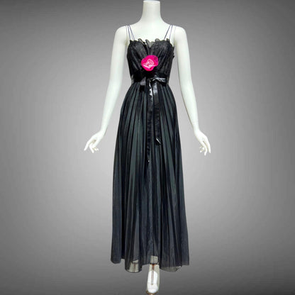 VANITY FAIR, vintage 1950s nightgown slip dress, Black sheer chiffon full pleated night dress, rosette Grecian goddess gown