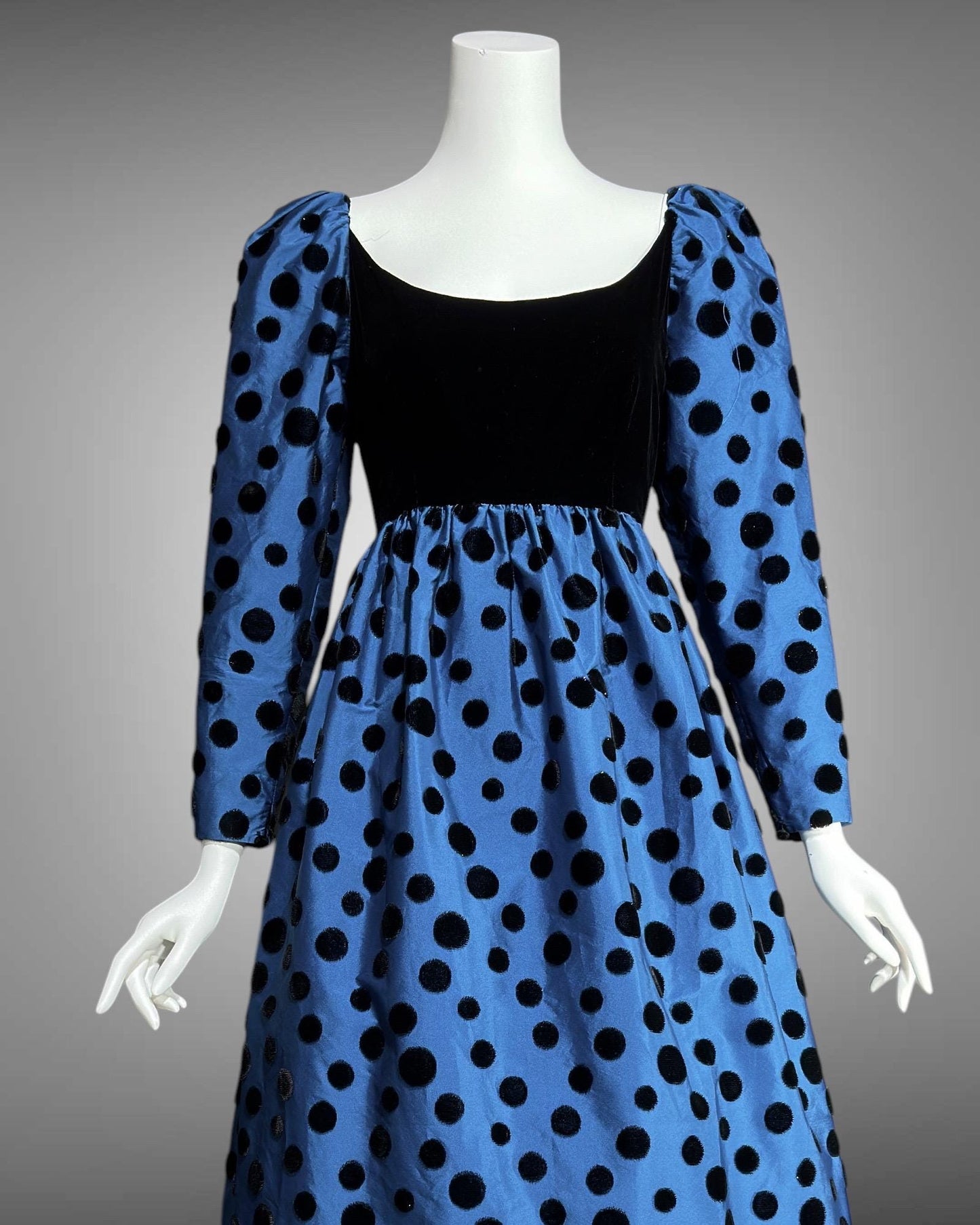 ADELE SIMPSON vintage 1960s evening dress, steel blue taffeta with black velvet flocked polka dots