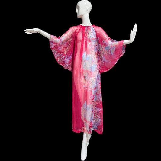 1970s Vintage sheer caftan, Sheer nylon raspberry pink with Hawaiian flowers, loose house dress, hostess gown beach coverup