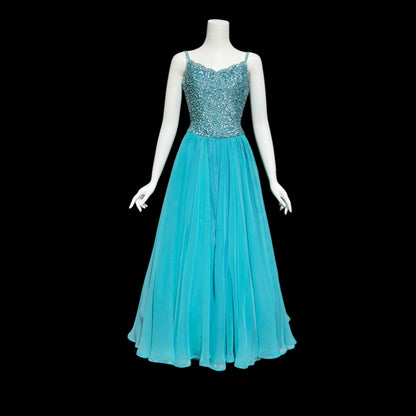 MIKE BENET, vintage 1960s evening dress, mermaid teal blue chiffon beaded and sequins prom dress