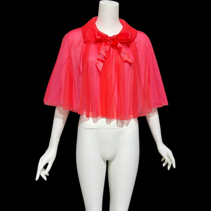 1950s vintage bed night jacket, Cherry Red & Hot Pink double layer chiffon cropped swing style jacket