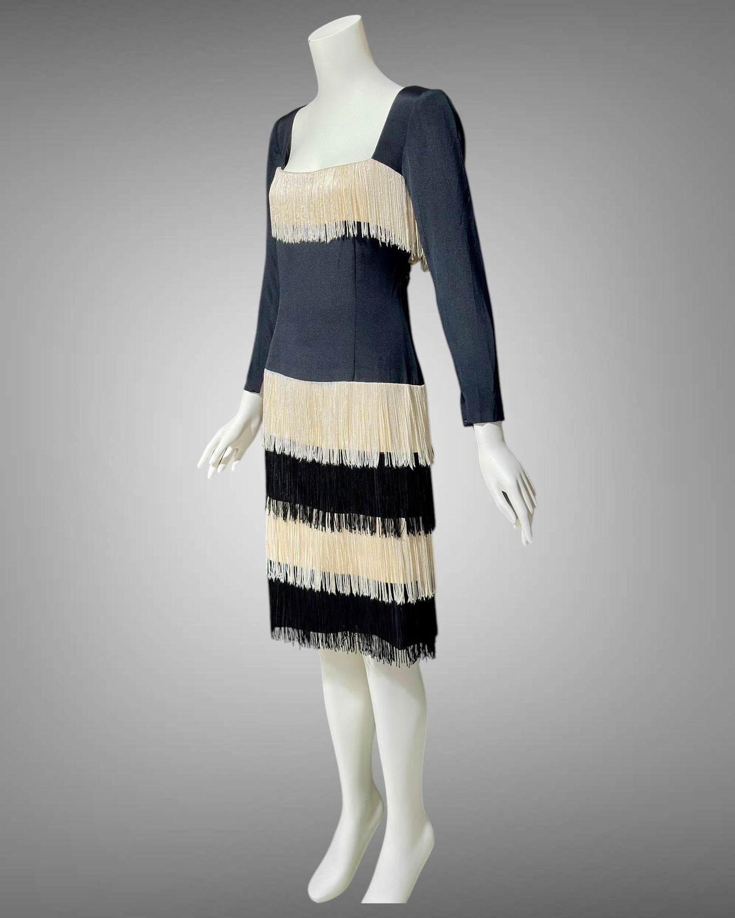 TRAVILLA vintage evening cocktail dress, 1960s black white fringed mod party dress