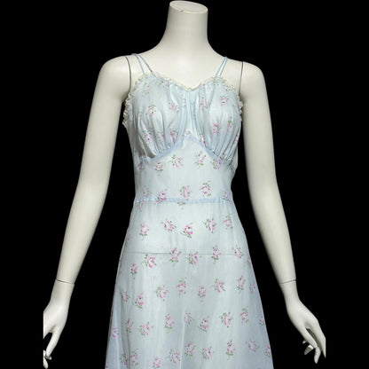 ALBERTA vintage 1940s nightgown slip dress, Sheer dusty blue with with pink rosebuds, Old Hollywood full length gown