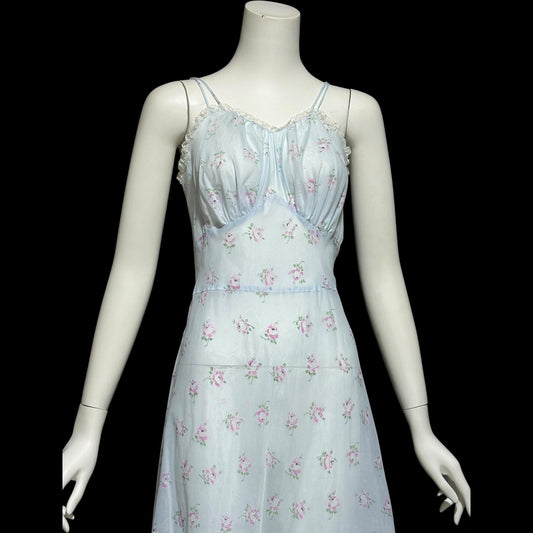 ALBERTA vintage 1940s nightgown slip dress, Sheer dusty blue with with pink rosebuds, Old Hollywood full length gown