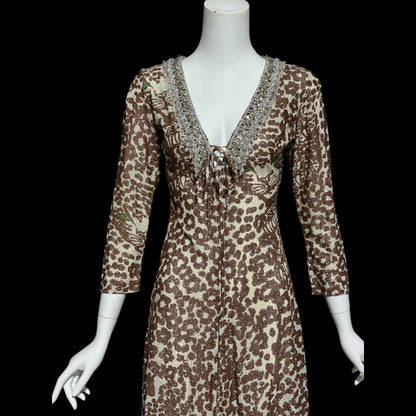 TAMMY vintage 1970s lurex maxi dress, slinky leopard animal print metallic knit party dress