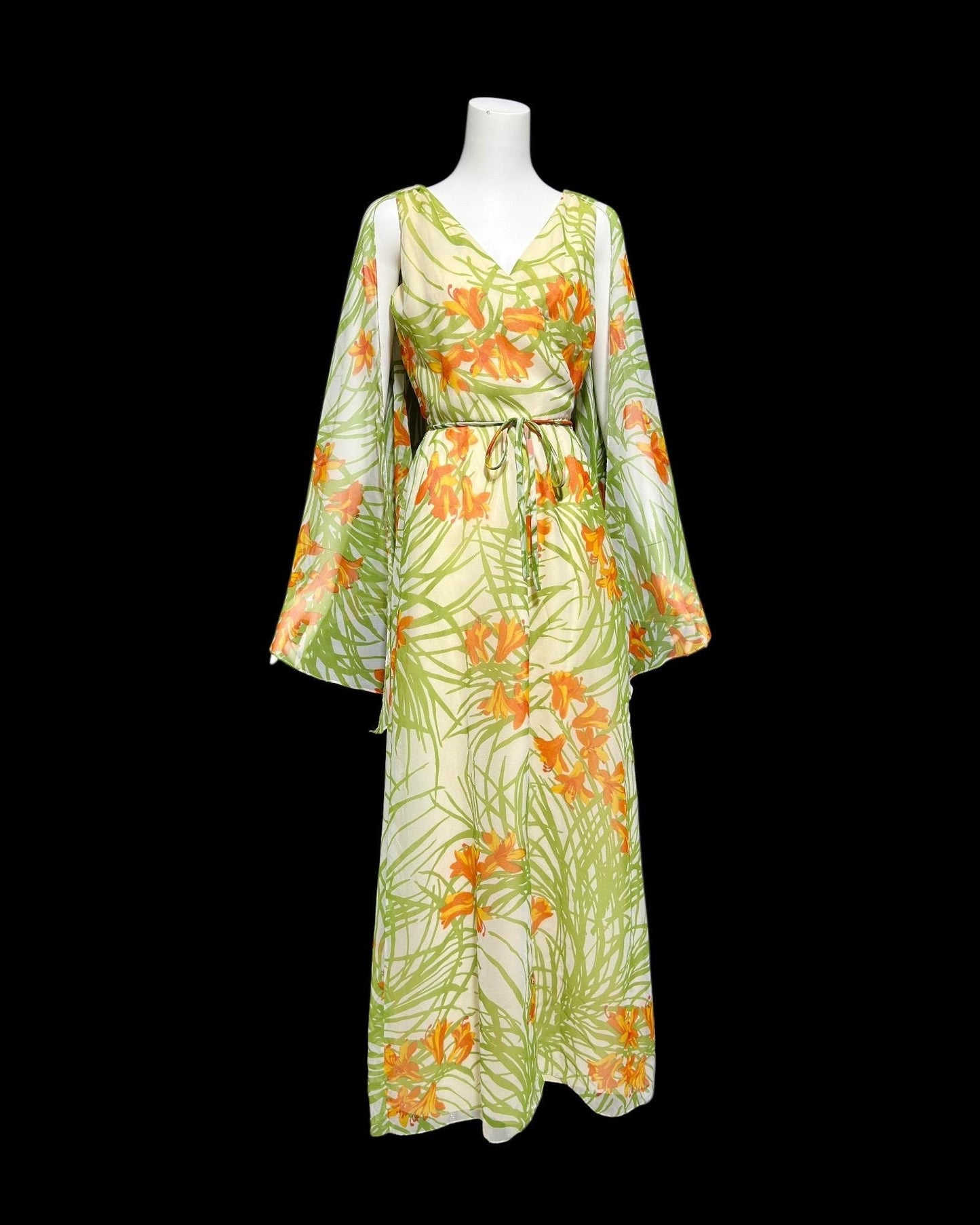 MARITA vintage evening dress gown, 1970s floral poly chiffon cape back scarf dress