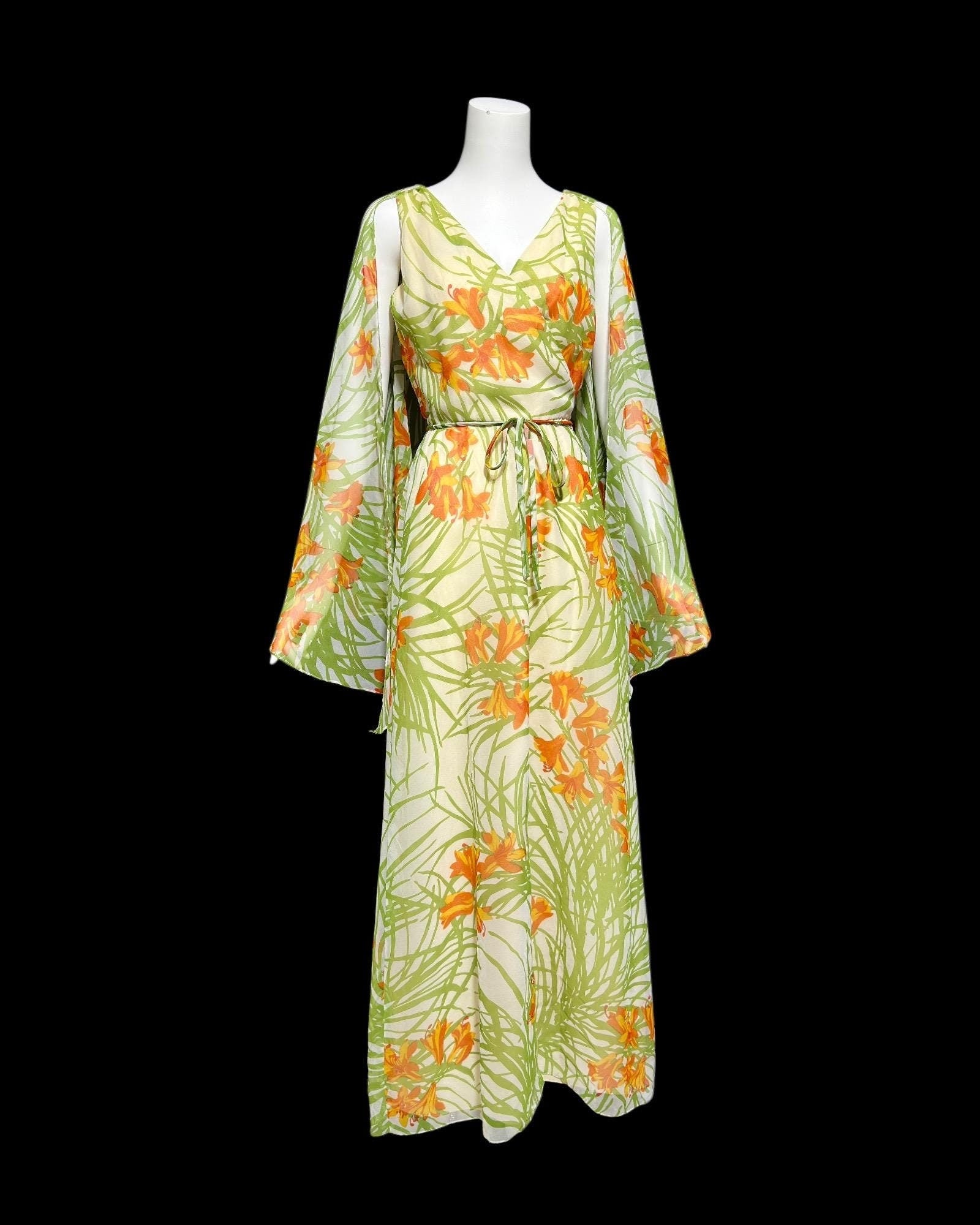 MARITA vintage evening dress gown, 1970s floral poly chiffon cape back scarf dress