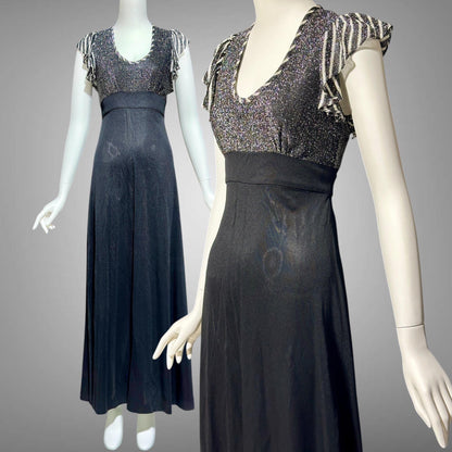 YOUNG INNOCENT by ARPEJA, 1970s vintage black jersey knit & lurex long dress