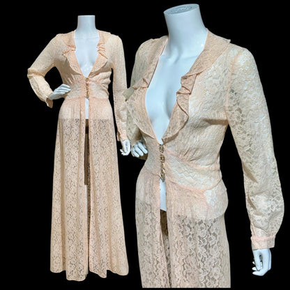 FLOBERT vintage 1940s sheer pink lace dressing gown robe, lace button front peignoir housecoat