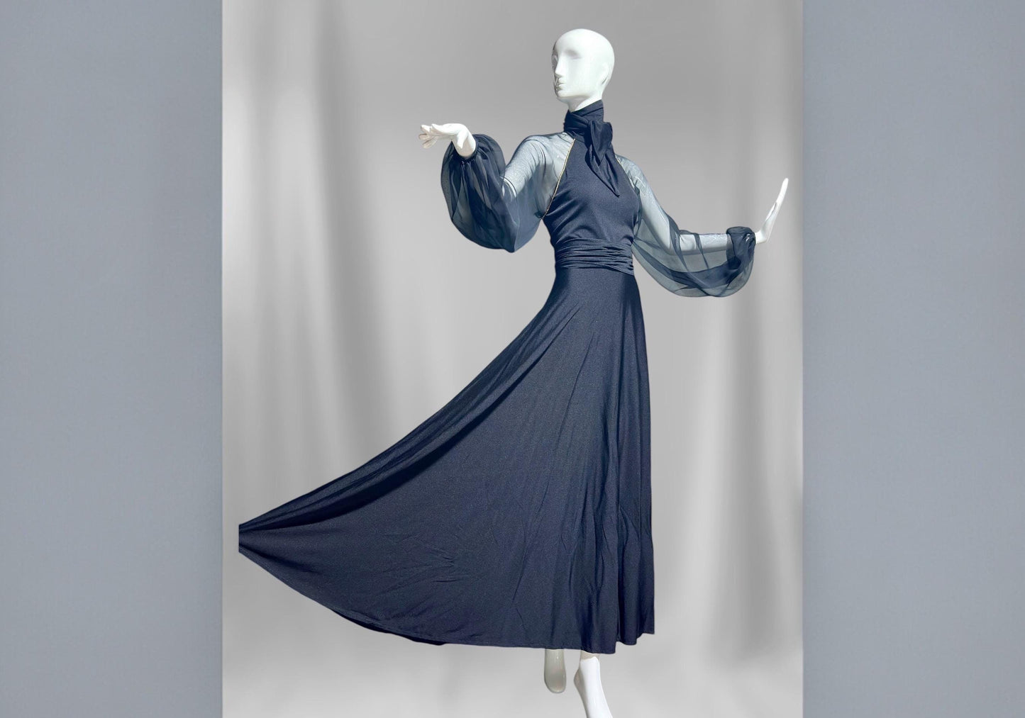 LILLIE RUBIN Collection 700, vintage evening gown, inky black jersey knit and chiffon ball gown